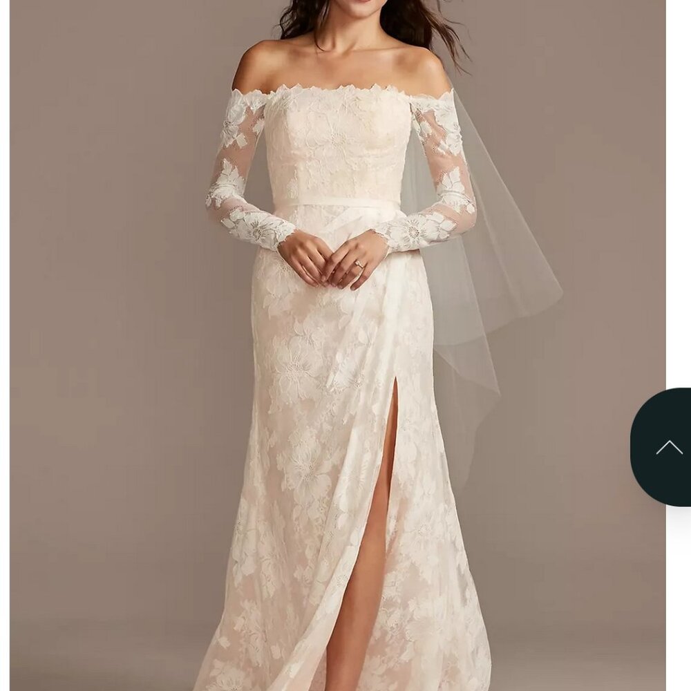 Melissa Sweet David’s Bridal Off Shoulder Wedding Dress Size 12 Ivory/Stone